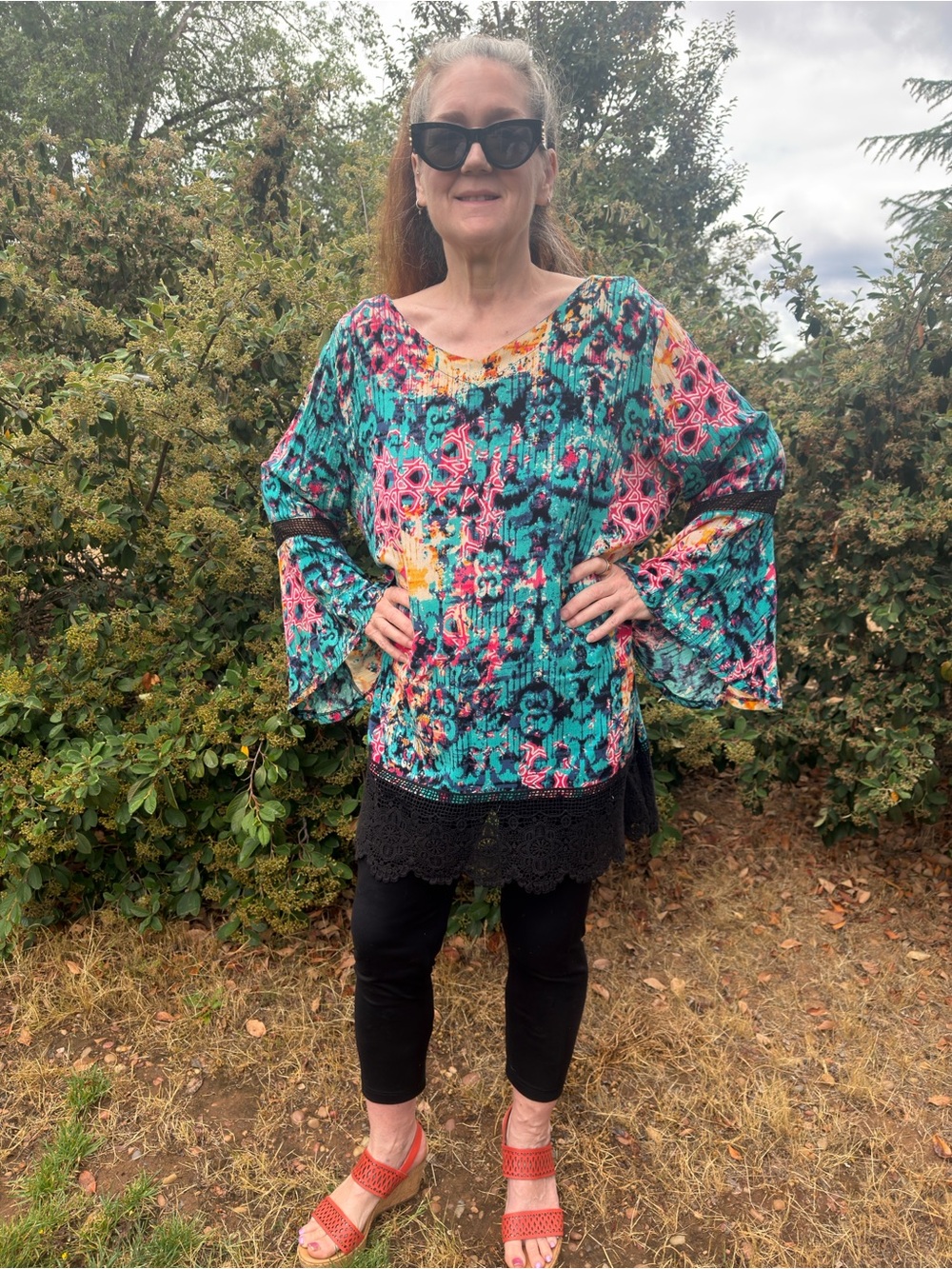 Women's Coloful V-Neck Bohemian Tunic with Black Crochet Trim